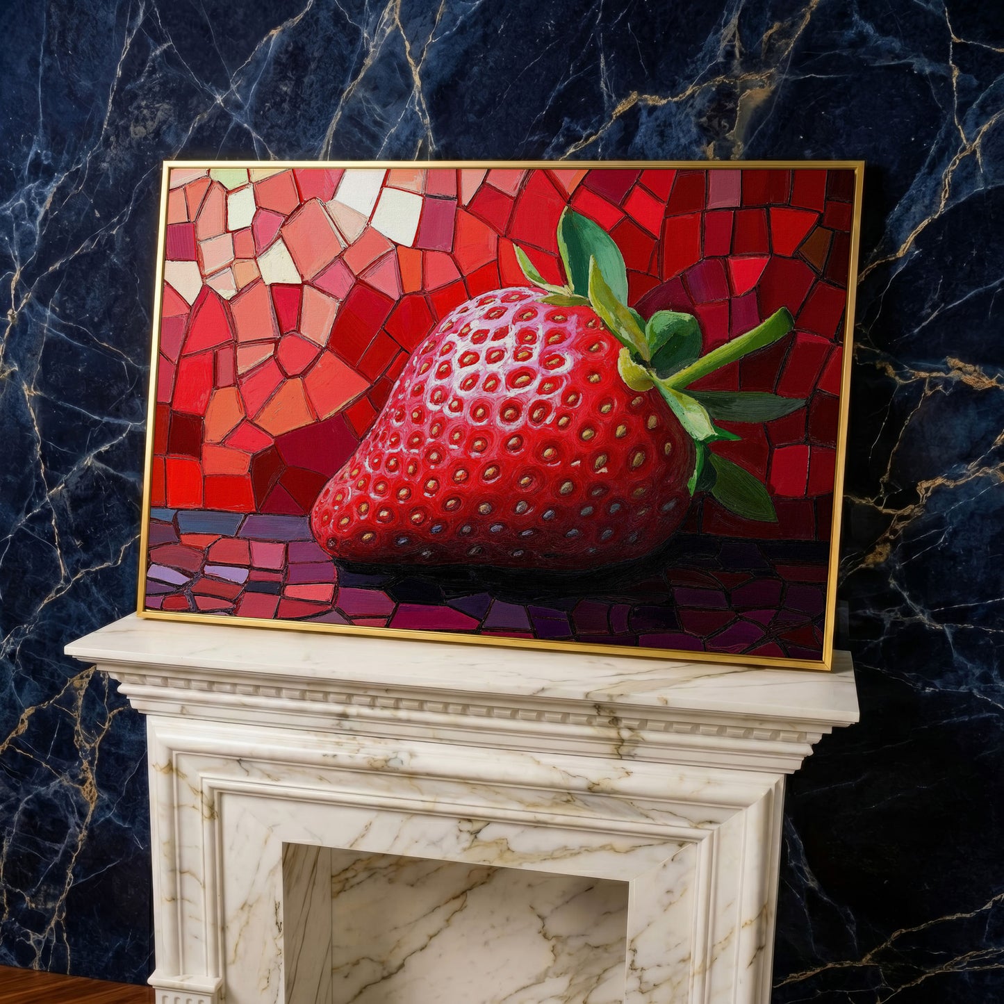 Strawberry Mosaic Canvas Print for Modern Kitchens in yellow gold floating frame