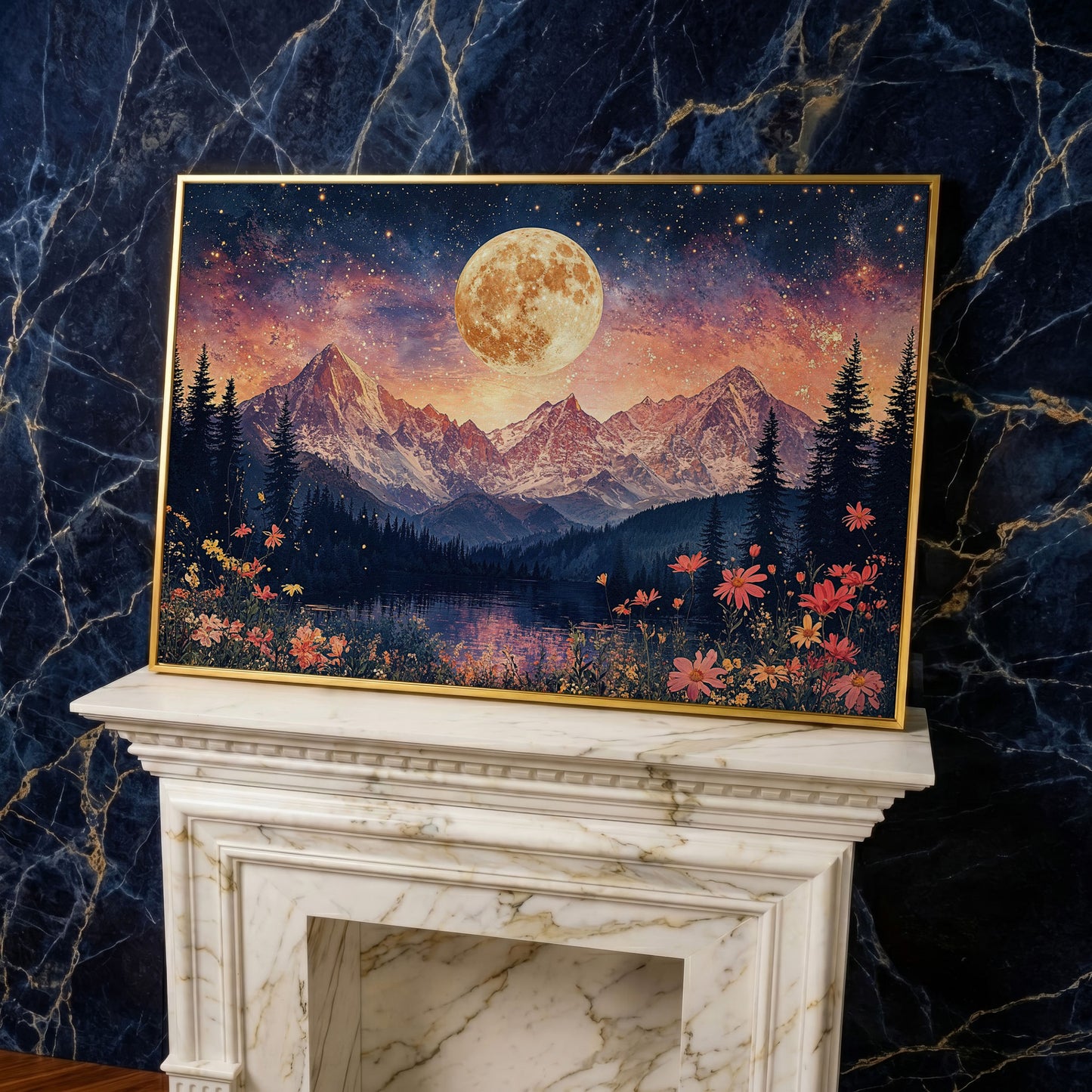 Moonlit Mountain Landscape Canvas in yellow gold floating frame