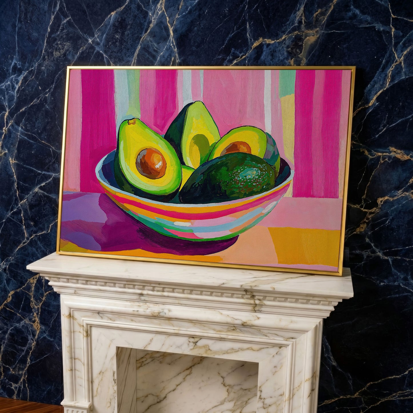 Colorful Avocado Still Life Canvas for Modern Kitchens in yellow gold floating frame