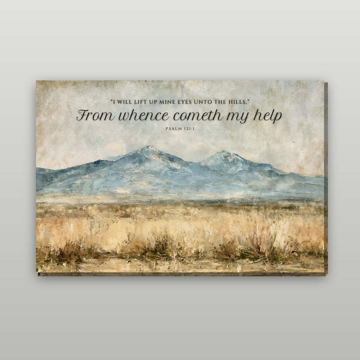 Blue Foothills personalized canvas wall art with sample wording, gallery wrap on a wall