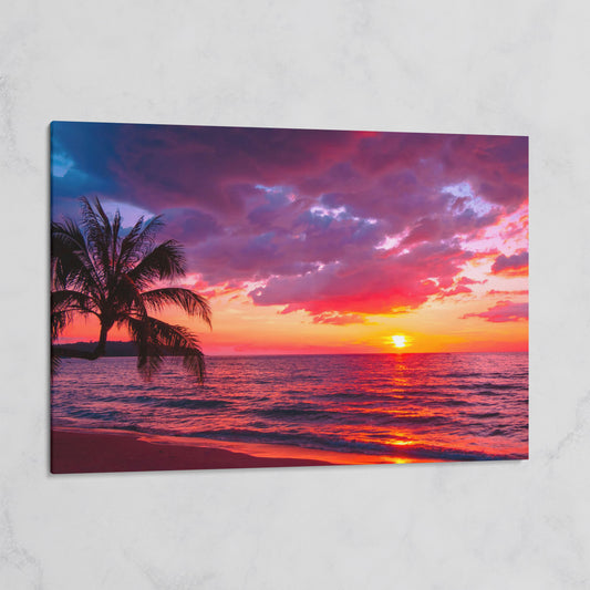 Tropical Beach Sunset with Palm Tree Canvas on gallery wrap