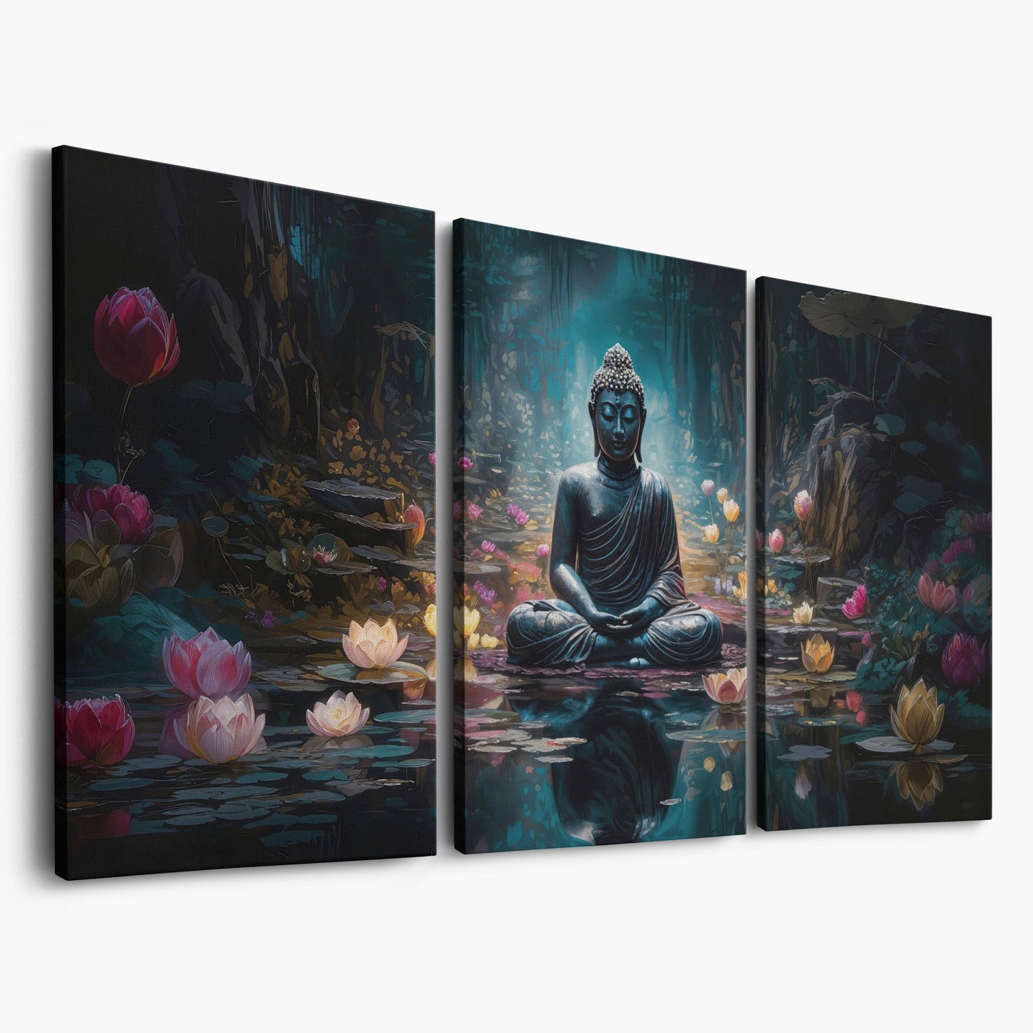 Buddha and Lotus Canvas Art, Meditation Wall Decor, Forest Reflection as 3-panel split version
