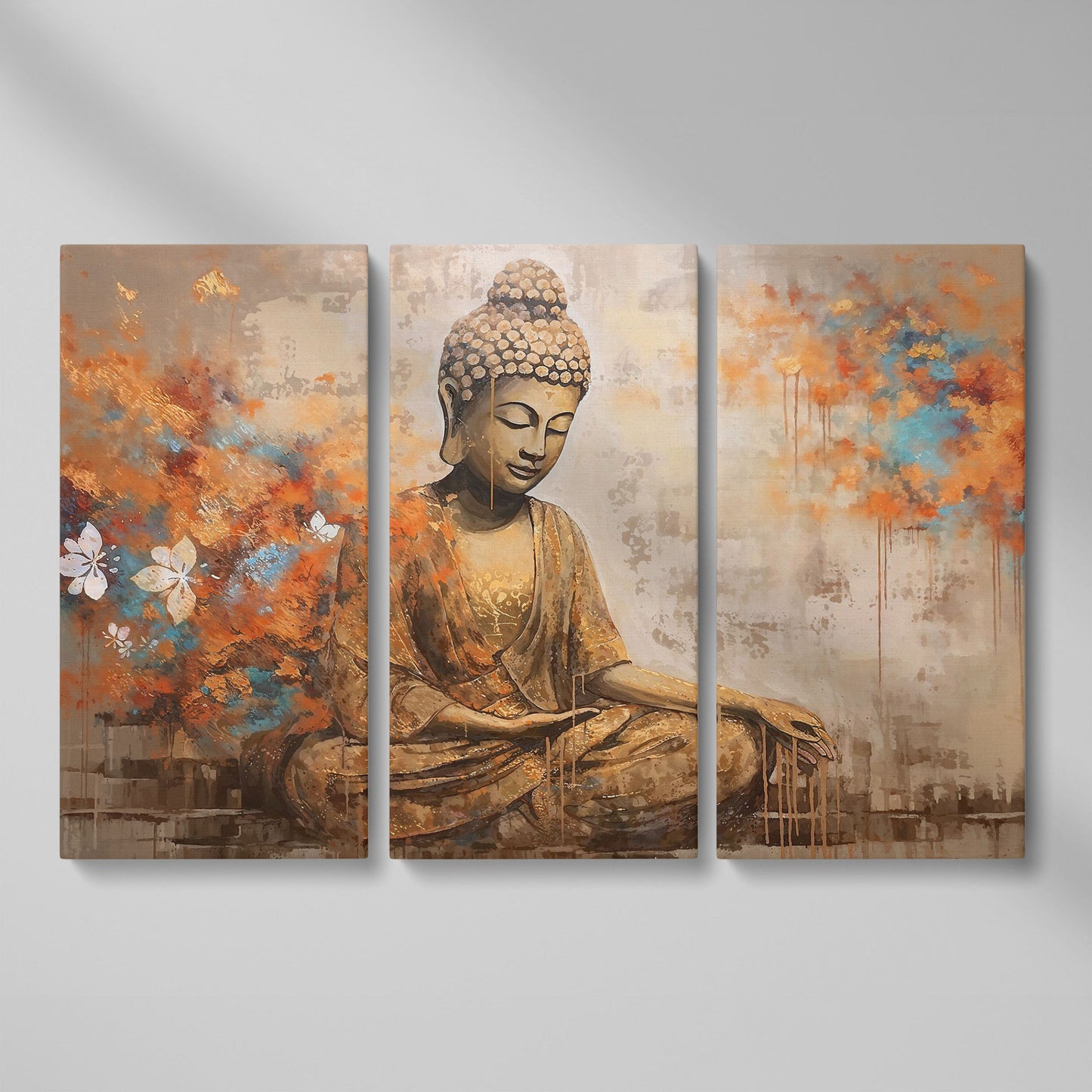 Seated Buddha with Floral Motifs. Meditative Canvas Wall Art as 3-panel split version