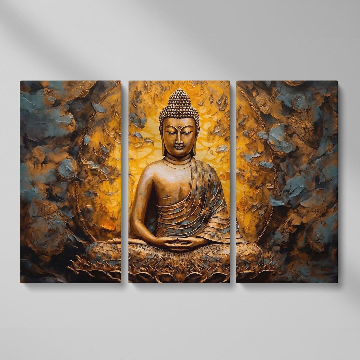 Gold Buddha Meditation Canvas Print as 3-panel split version
