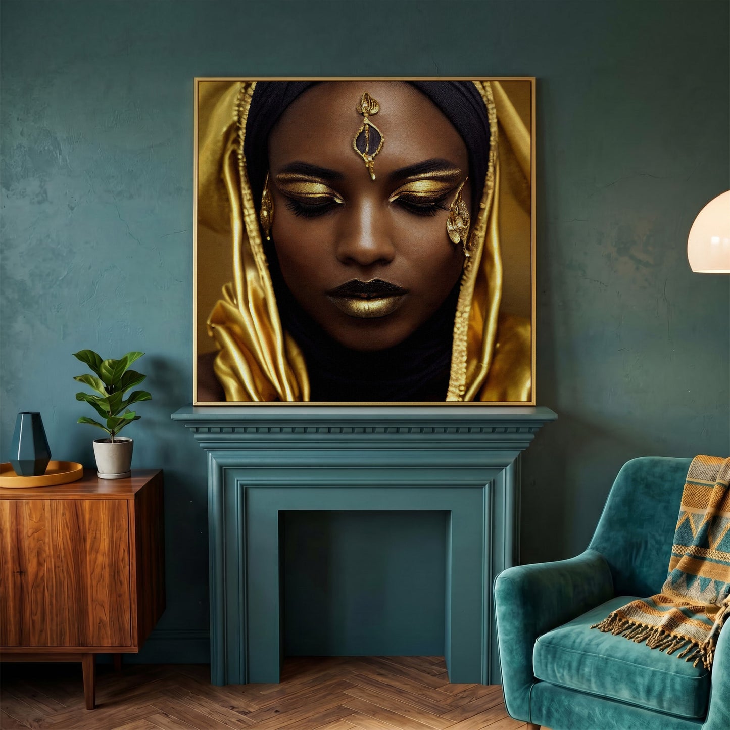 Elegant African American Woman with Gold Accents Canvas in yellow gold floating frame