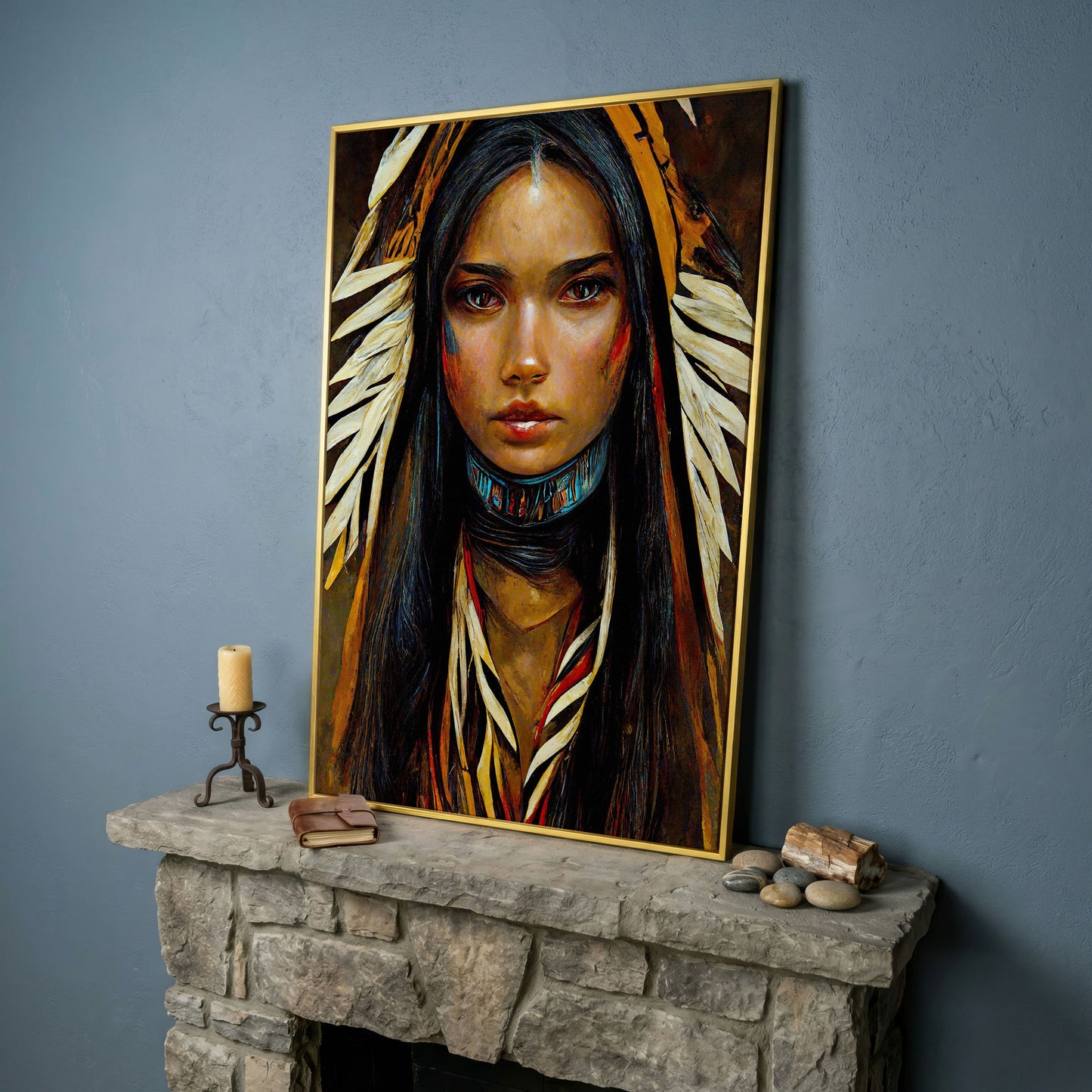 Sacagawea Portrait Canvas Print in yellow gold floating frame