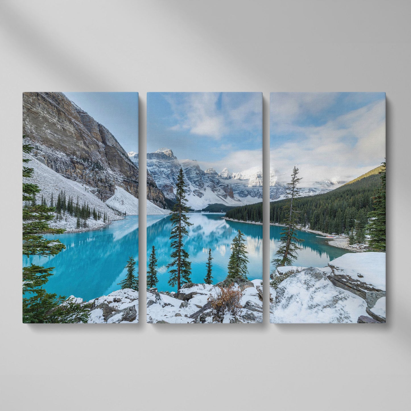 Moraine Lake Canvas Print. Banff Mountain Wall Art as 3-panel split version