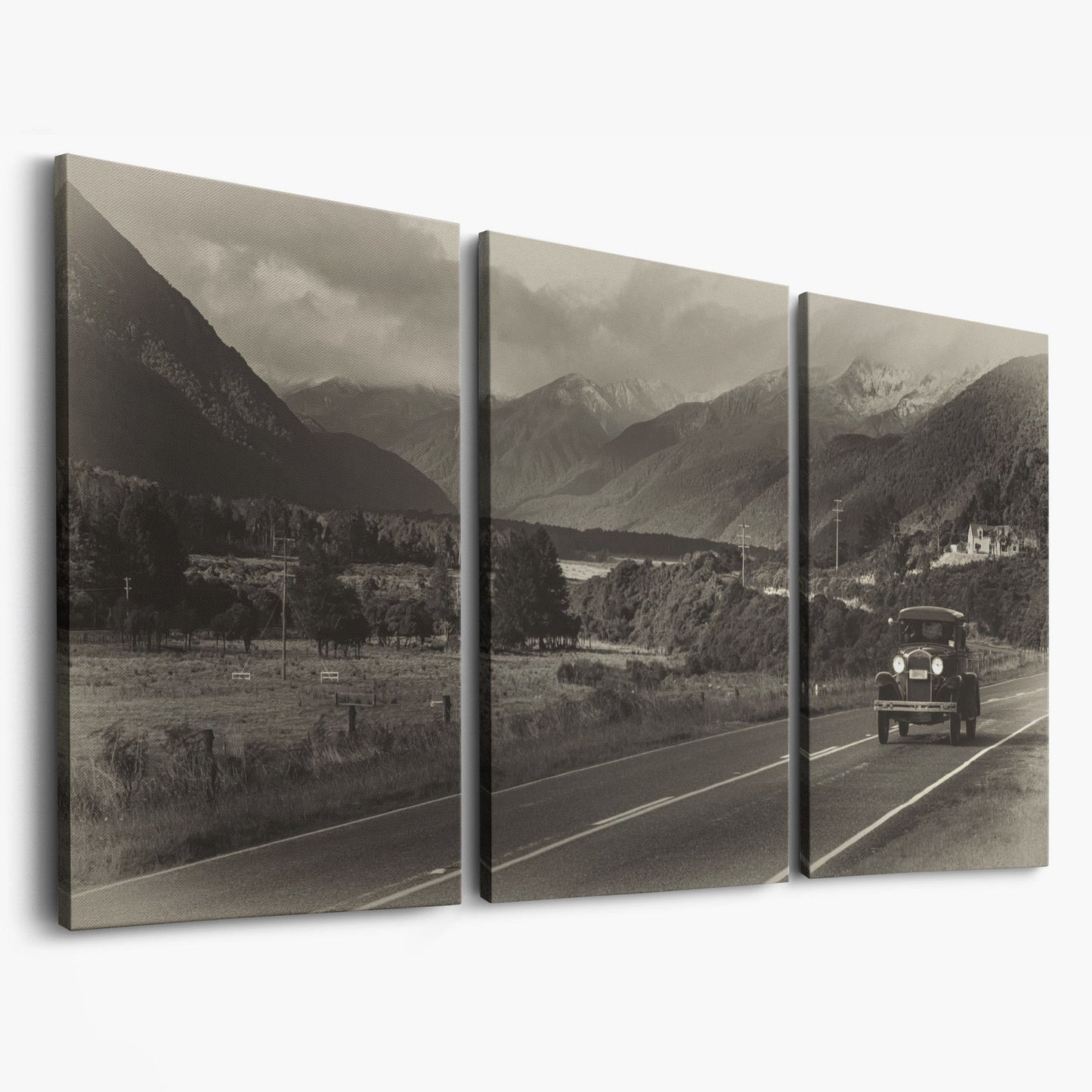 Vintage Car on Scenic Highway Canvas as 3-panel split version