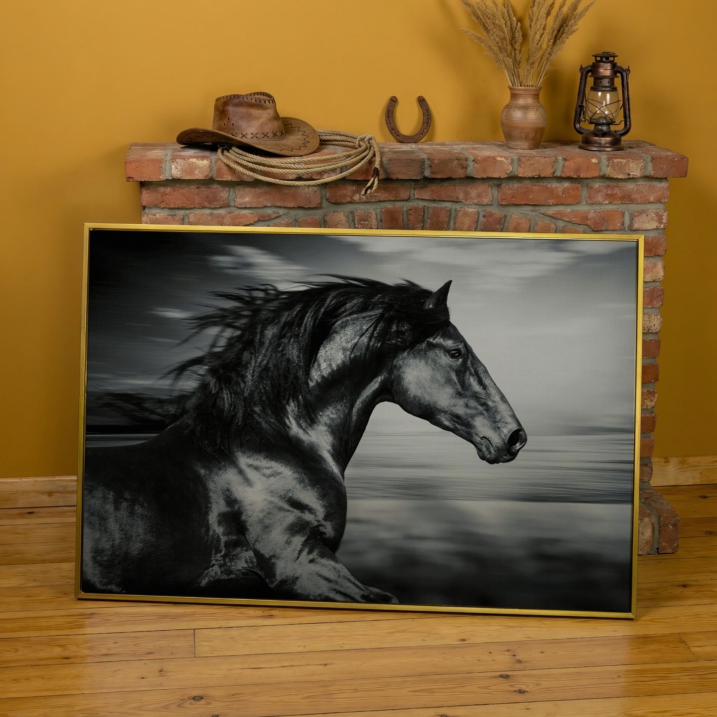 Black and White Running Horse Canvas in yellow gold floating frame