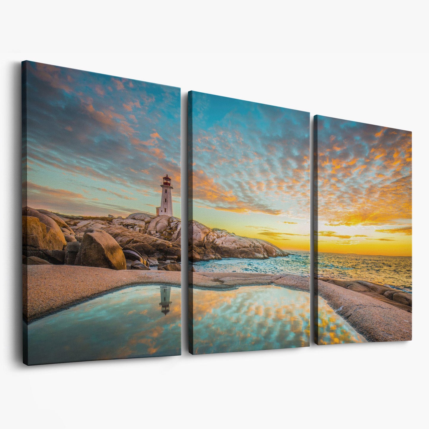 Peggy's Cove Lighthouse at Sunset Canvas Art as 3-panel split version