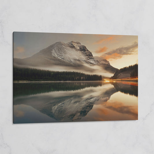 Mountain Lake and Fog at Sunset Canvas on gallery wrap