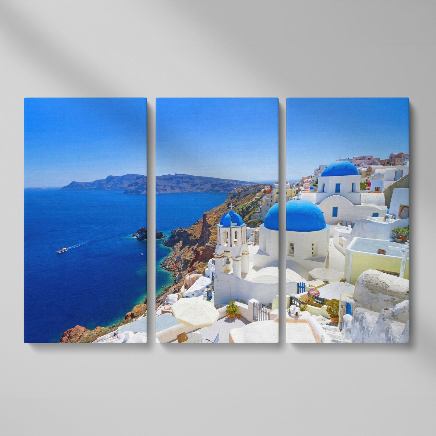 Santorini Island Canvas Print with Blue Domes as 3-panel split version