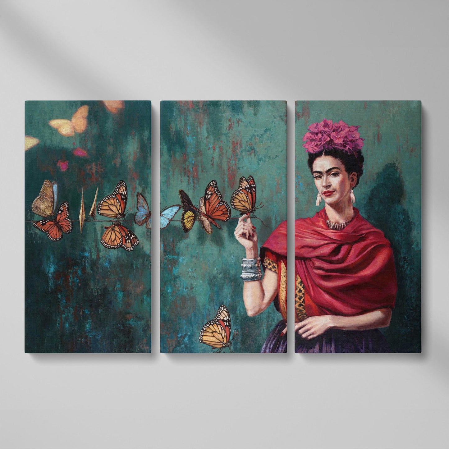 Frida Kahlo with Butterflies Canvas Print as 3-panel split version