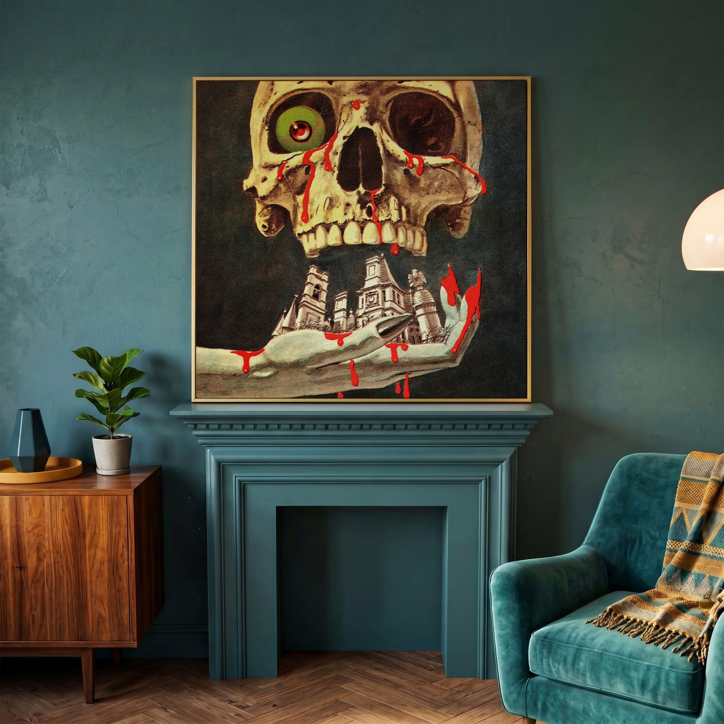 Bloody Skull Retro Horror Canvas in yellow gold floating frame