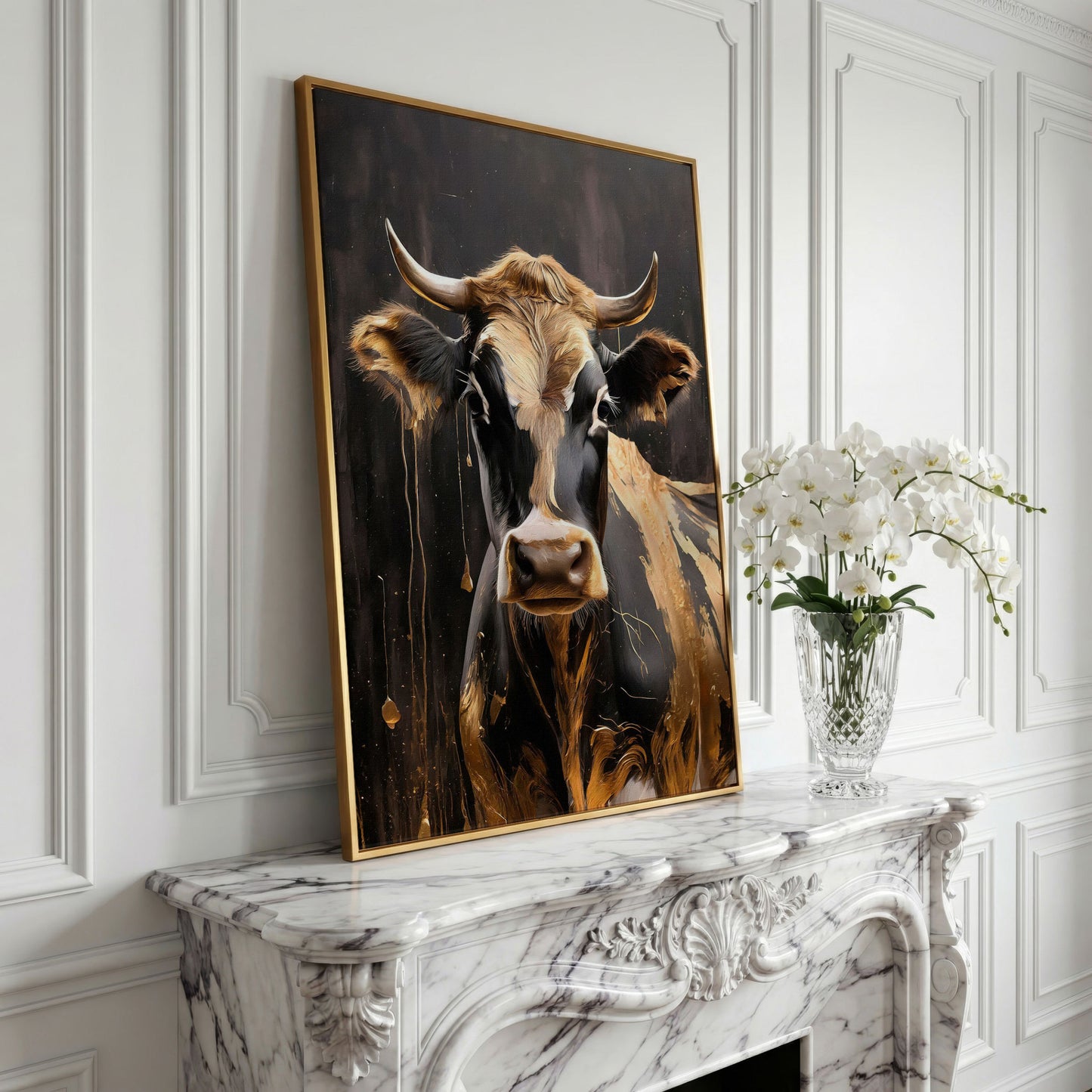 Gold Cow Portrait Canvas | Modern Abstract Animal Art in yellow gold floating frame