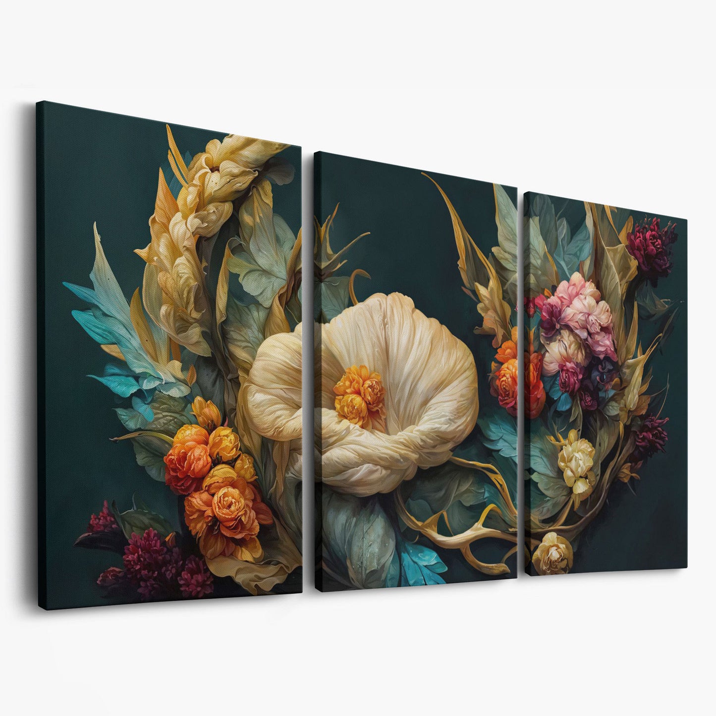 Dark Floral Canvas Art with Creamy White Bloom and Roses as 3-panel split version