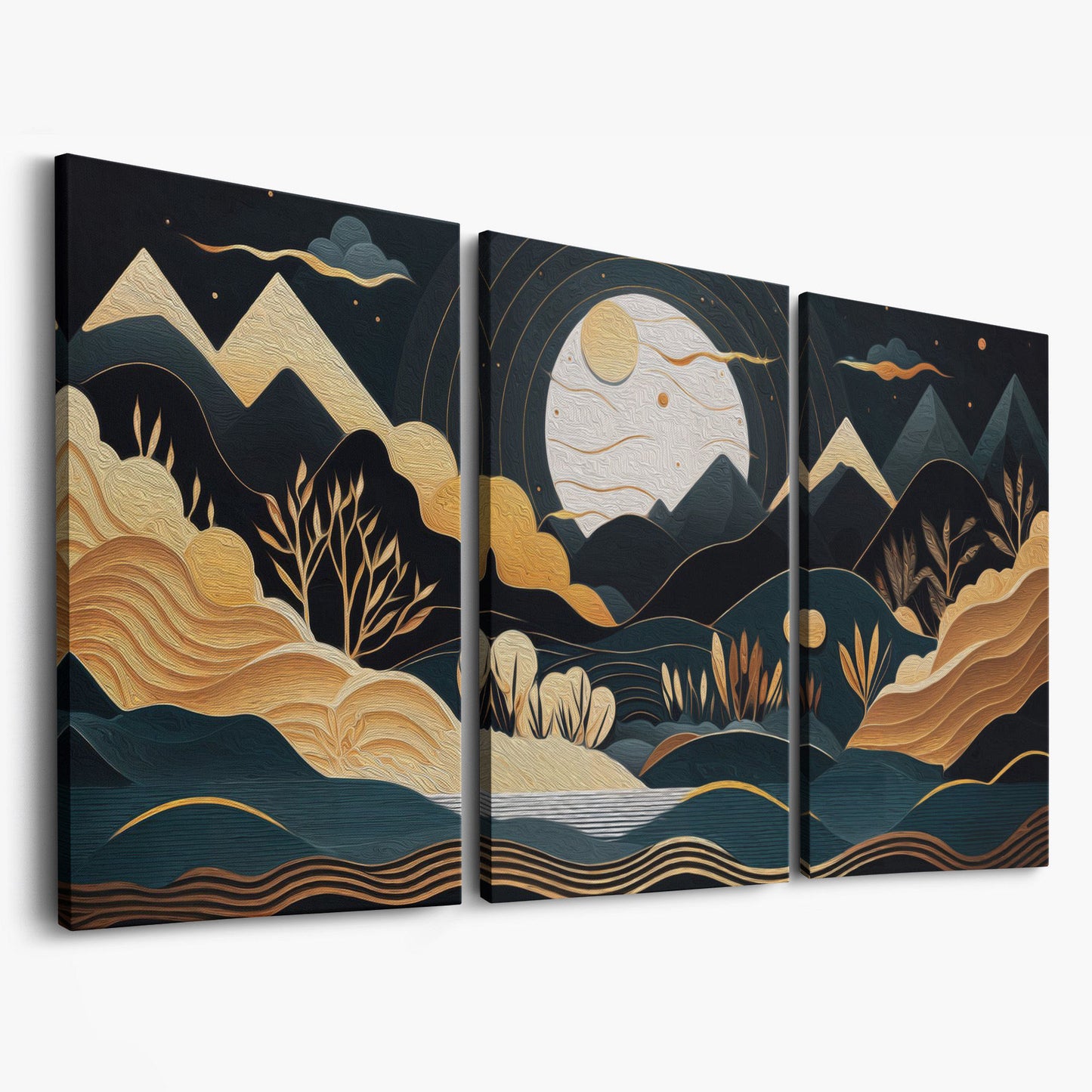Full Moon Landscape Canvas with Golden Mountains as 3-panel split version