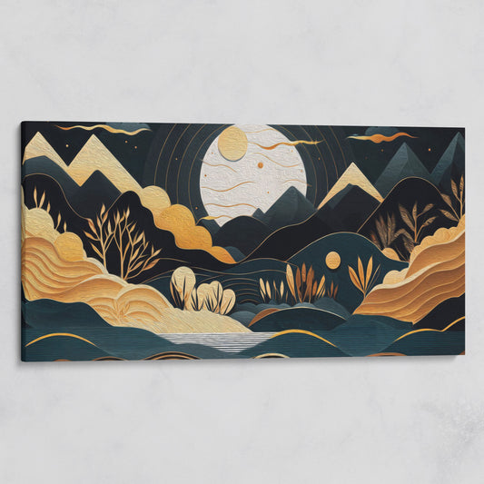 Full Moon Landscape Canvas with Golden Mountains on gallery wrap