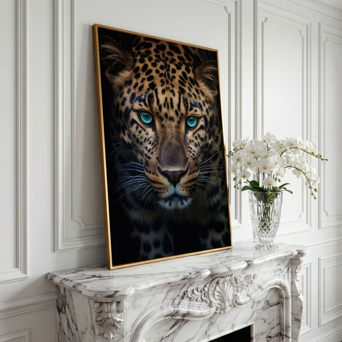 Blue-Eyed Leopard Canvas Print in yellow gold floating frame