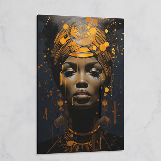 African American Woman in Gold. Portrait Canvas on gallery wrap