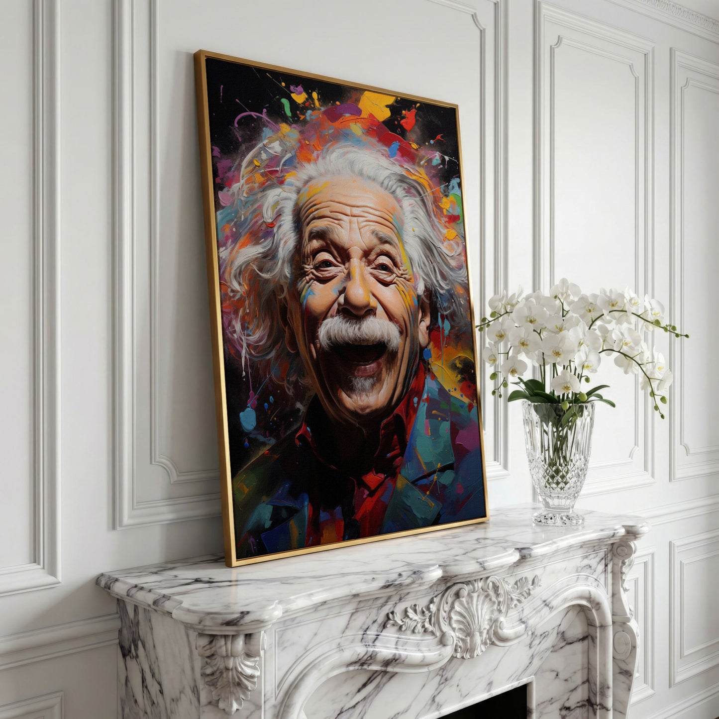 Einstein Laughing Pop Art Canvas in yellow gold floating frame