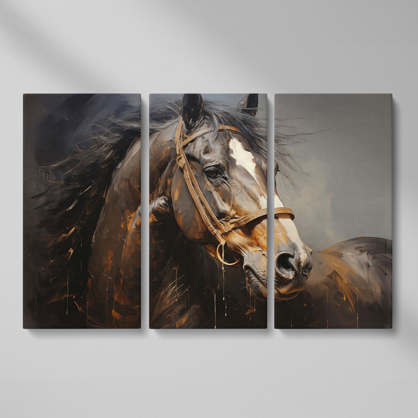 Horse Portrait in Burnt Umber and Gray Canvas Print as 3-panel split version