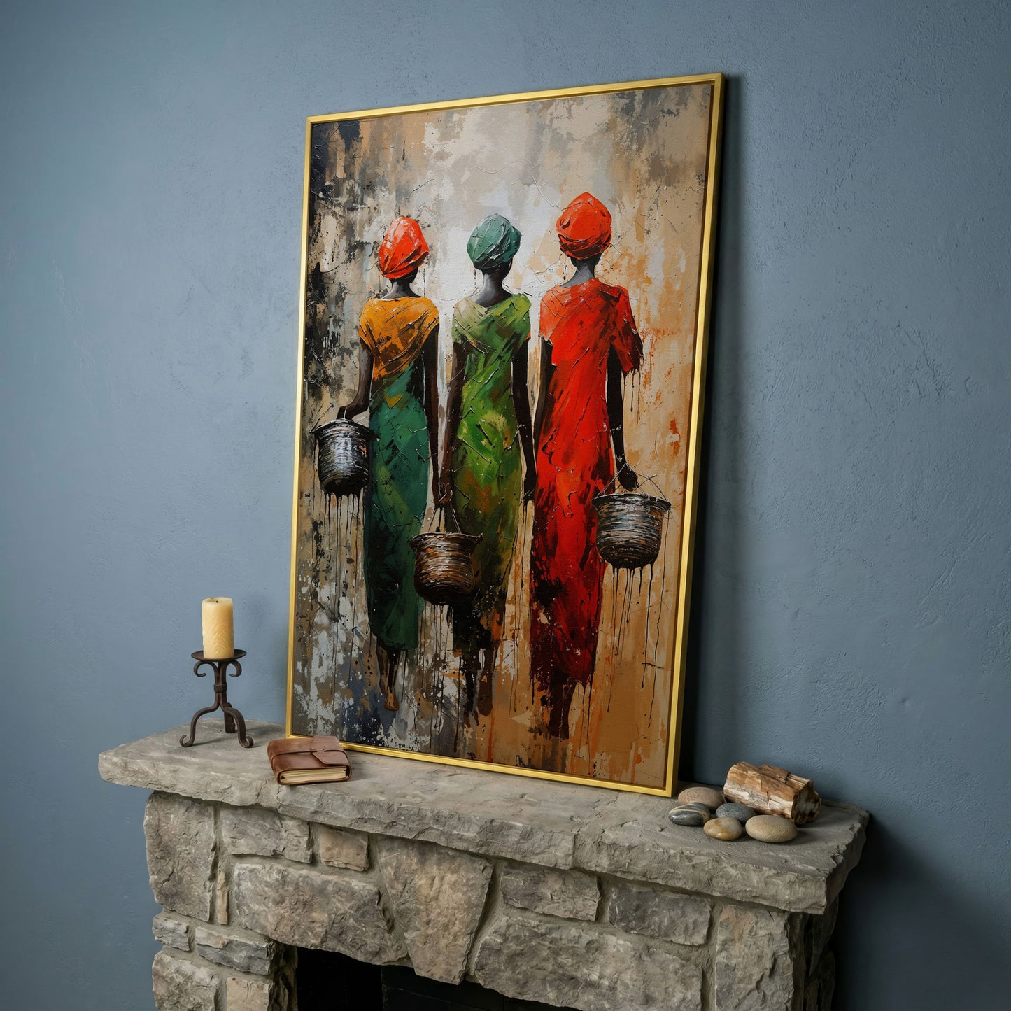 Masai Women Abstract Canvas Print in Emerald and Burnt Orange in yellow gold floating frame