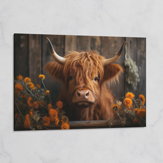 Highland Calf with Flowers Canvas Print on gallery wrap