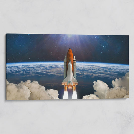 Rocket Launch Canvas Print, Space Shuttle Over Earth on gallery wrap