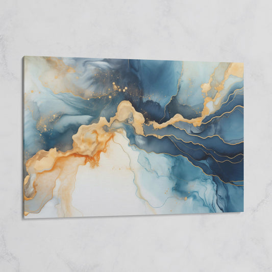 Abstract Liquid Marble Canvas in Navy and Gold on gallery wrap