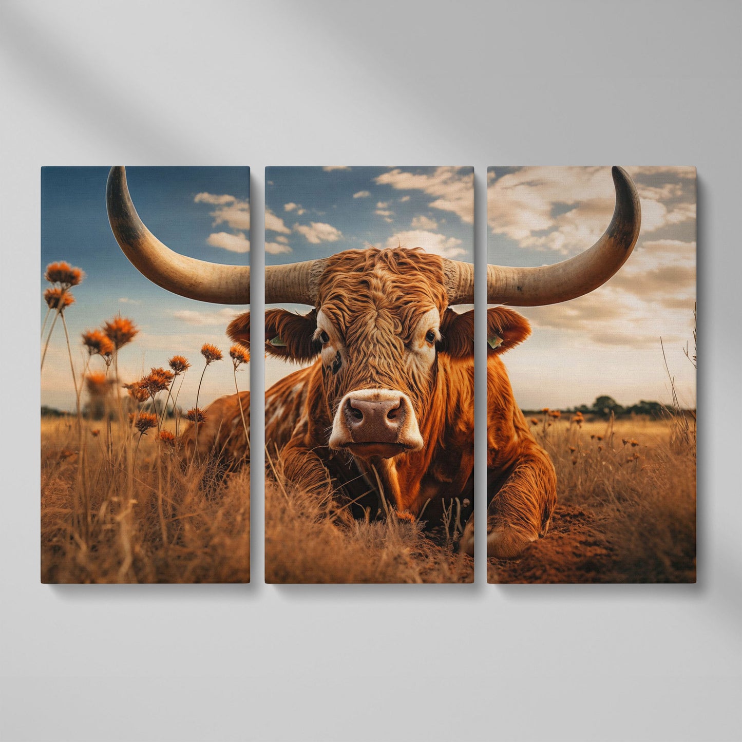Texas Longhorn Cow Canvas Print for Rustic Interiors as 3-panel split version