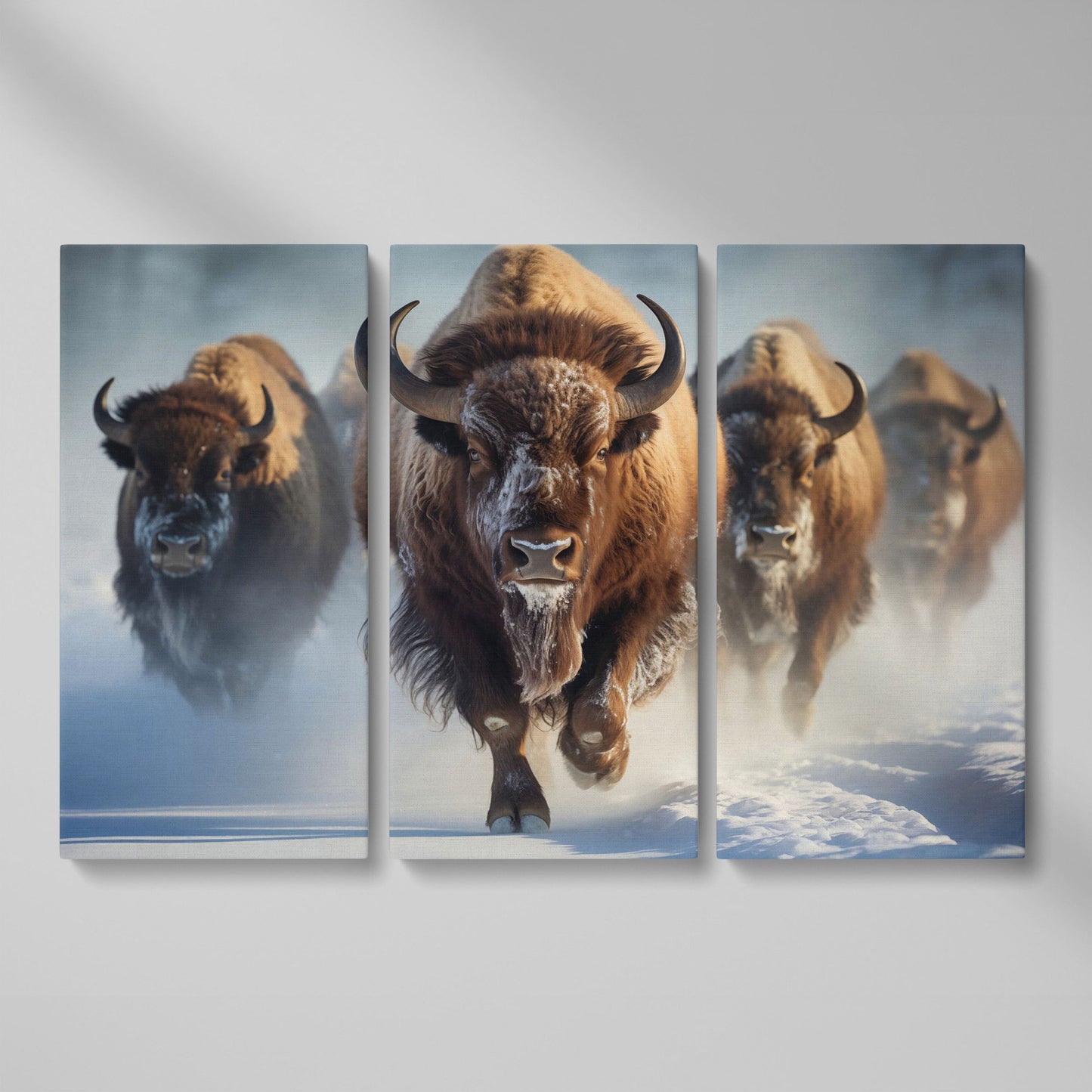 Buffalo Herd Running Through Snow Canvas as 3-panel split version