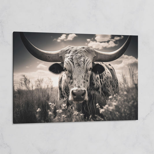 Texas Longhorn Canvas Print in Black and White on gallery wrap