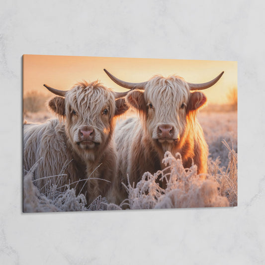 White Scottish Highlanders in Frost Landscape Canvas on gallery wrap