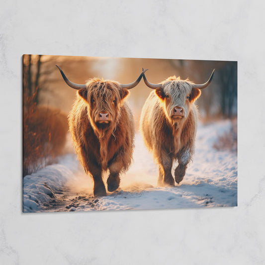 Highland Cows Running in Snow Canvas on gallery wrap