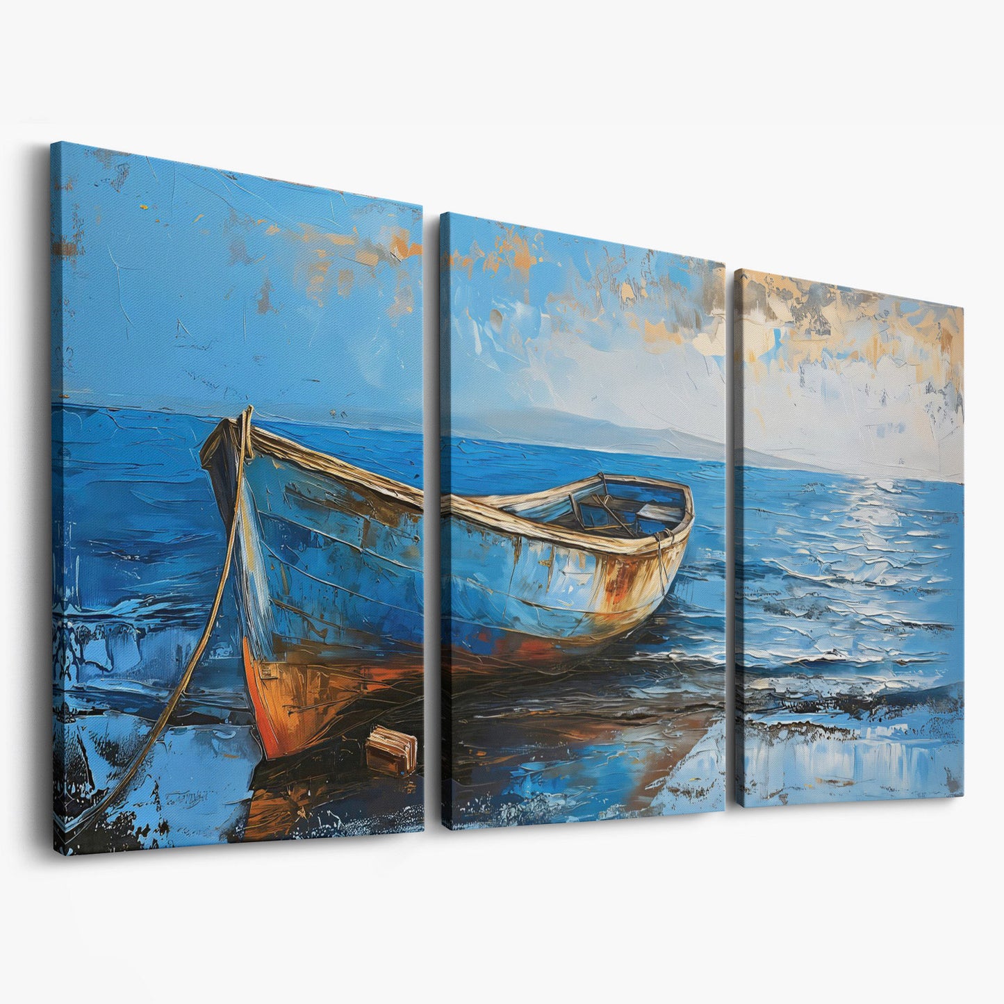 Coastal Blue Boat Canvas as 3-panel split version
