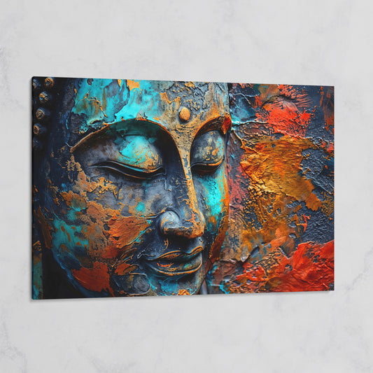 Buddha Head Canvas Print in Teal and Burnt Sienna on gallery wrap