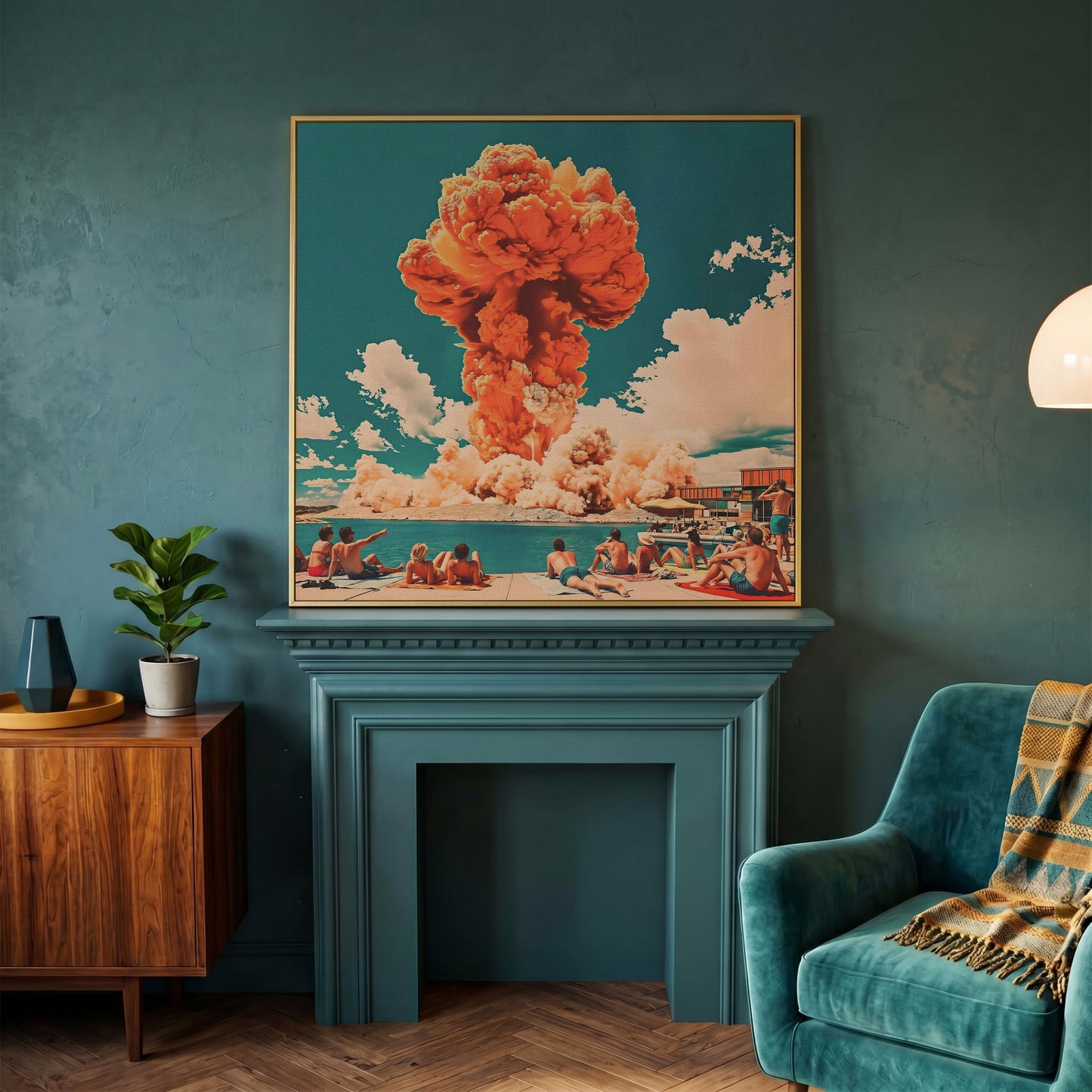 Explosive Mushroom Surrealist Canvas Print in yellow gold floating frame