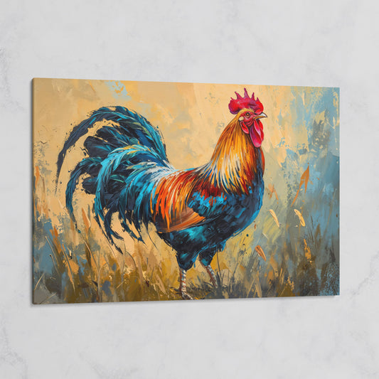Rooster Canvas Print in Cerulean and Burnt Sienna on gallery wrap