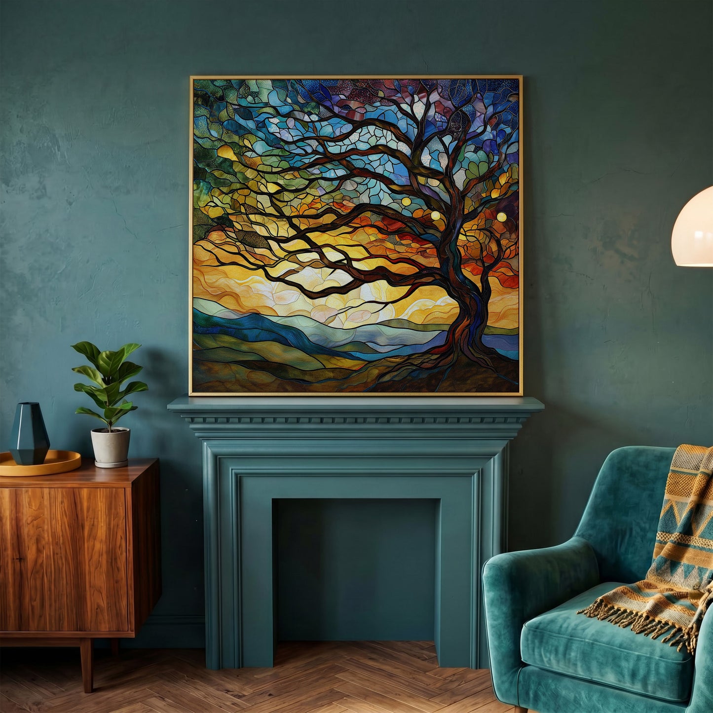 Mosaic Tree of Life Canvas Print in yellow gold floating frame