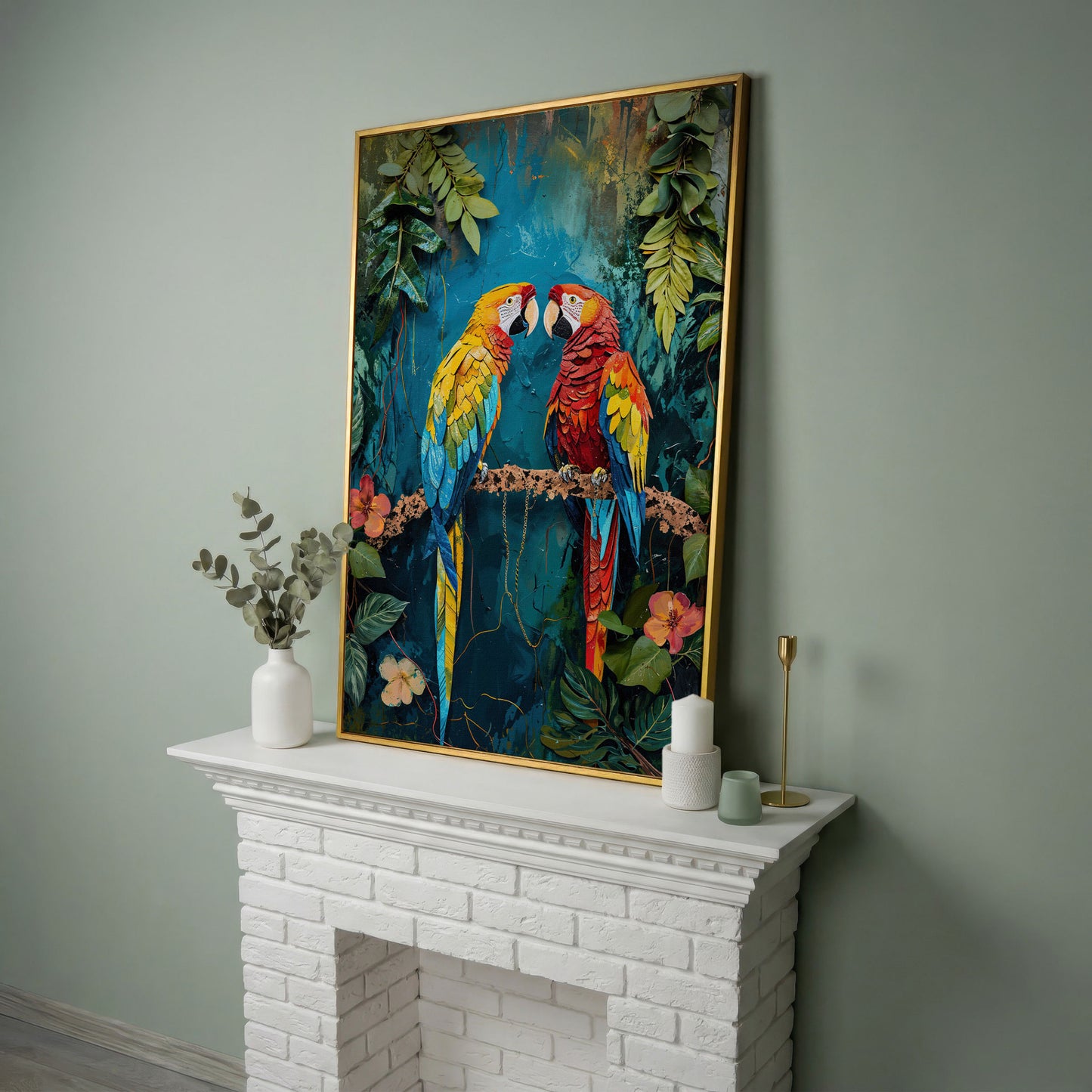 Vibrant Parrots Pair Portrait Canvas in yellow gold floating frame