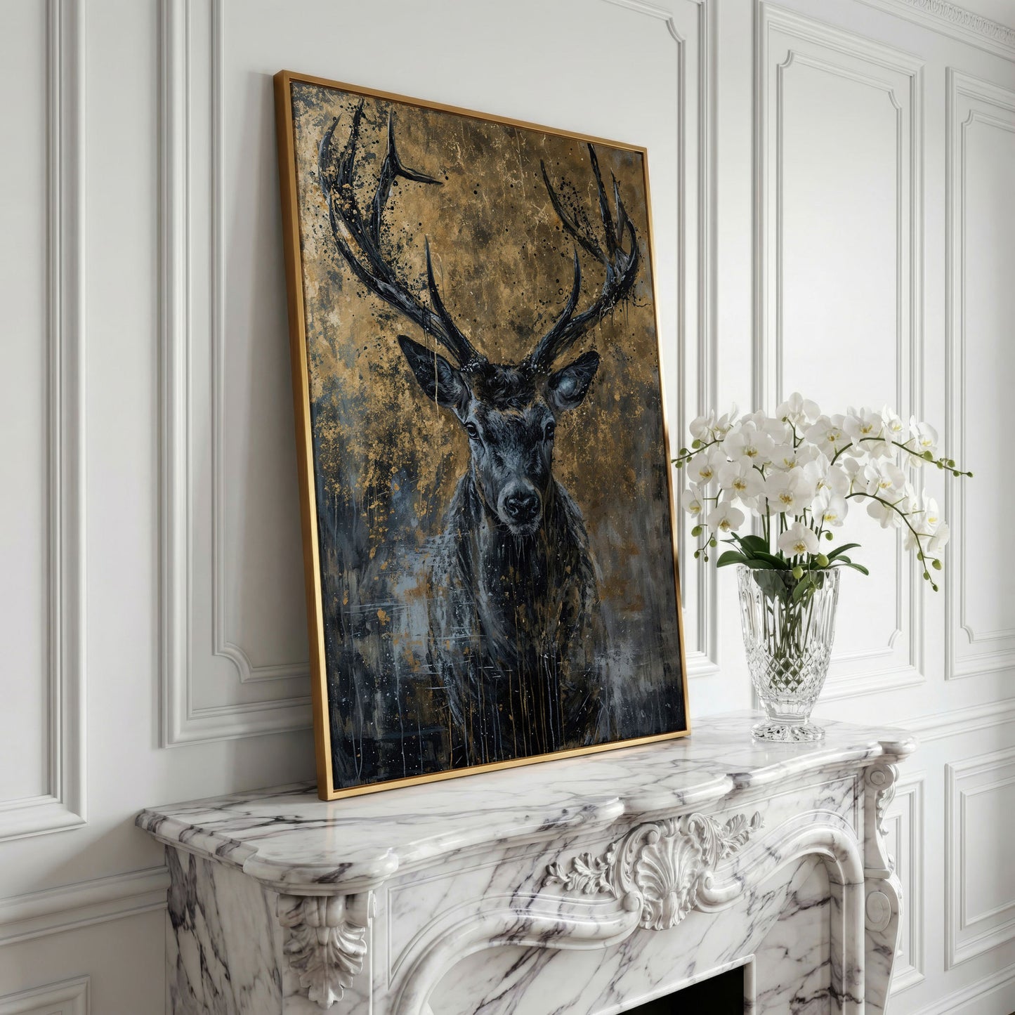 Abstract Black and Gold Deer Canvas in yellow gold floating frame