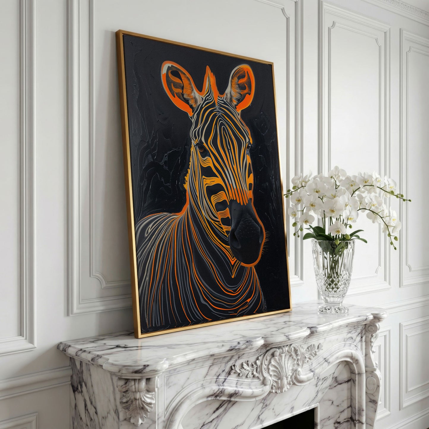 Abstract Zebra in Orange and Black Canvas in yellow gold floating frame