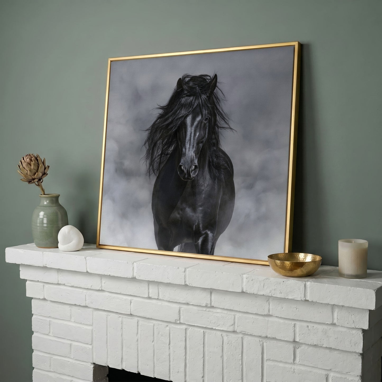 Noble Horse with Flowing Mane Canvas Print in yellow gold floating frame