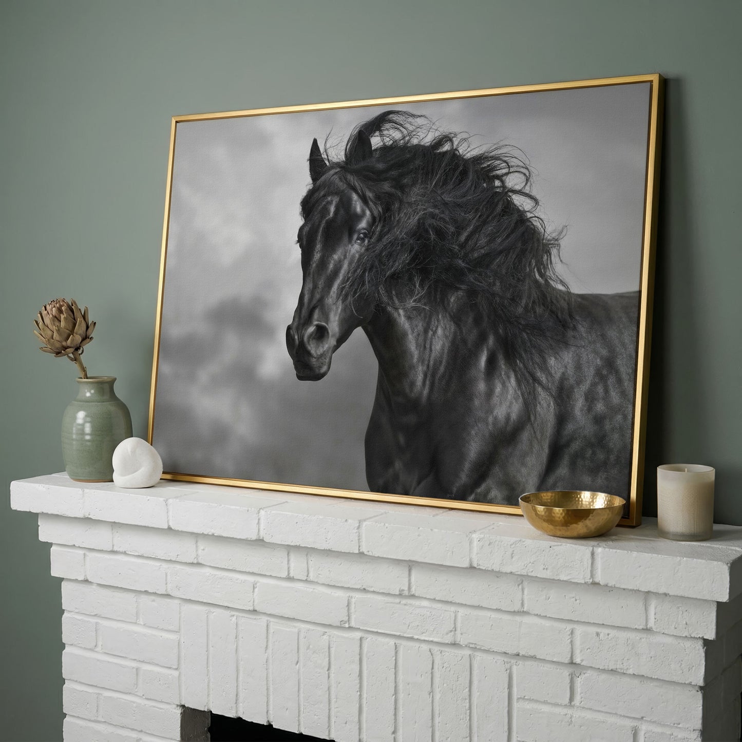 Wild Horse in Black and White Canvas Print in yellow gold floating frame