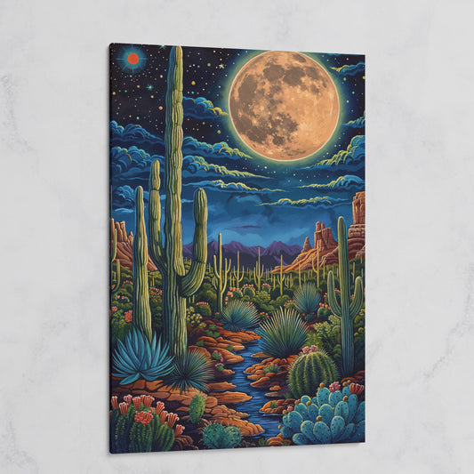 Magical Desert Night Canvas Print with Vibrant Cacti on gallery wrap