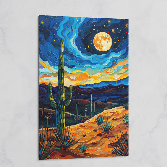 Surreal Desert Night Canvas Print with Vibrant Stars on gallery wrap