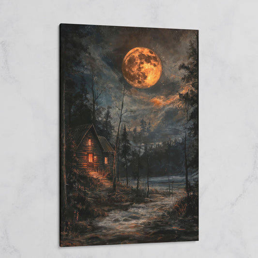Moonlit Cabin with Starry Skies Canvas on gallery wrap