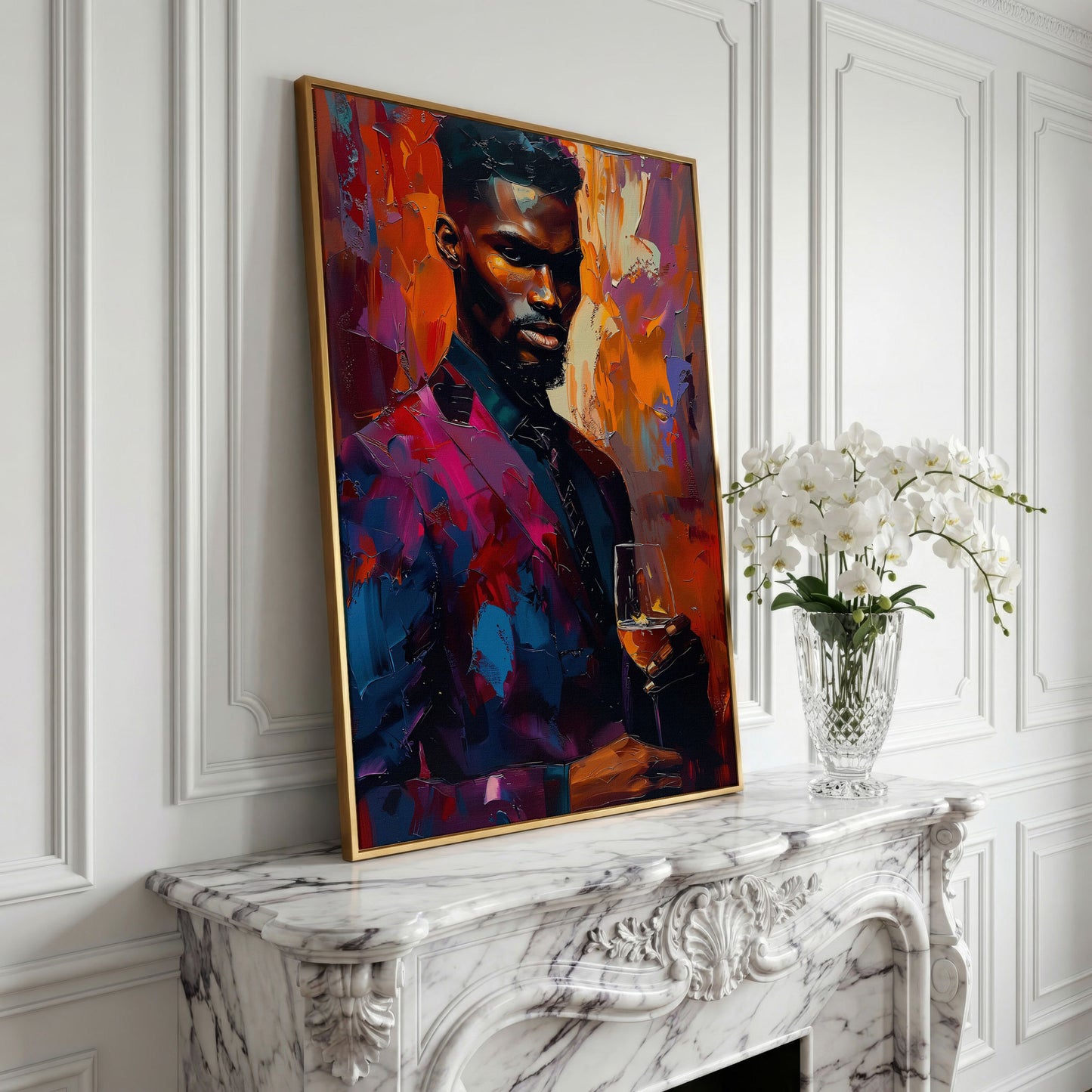 Vibrant Gentleman with Wine Glass Canvas in yellow gold floating frame
