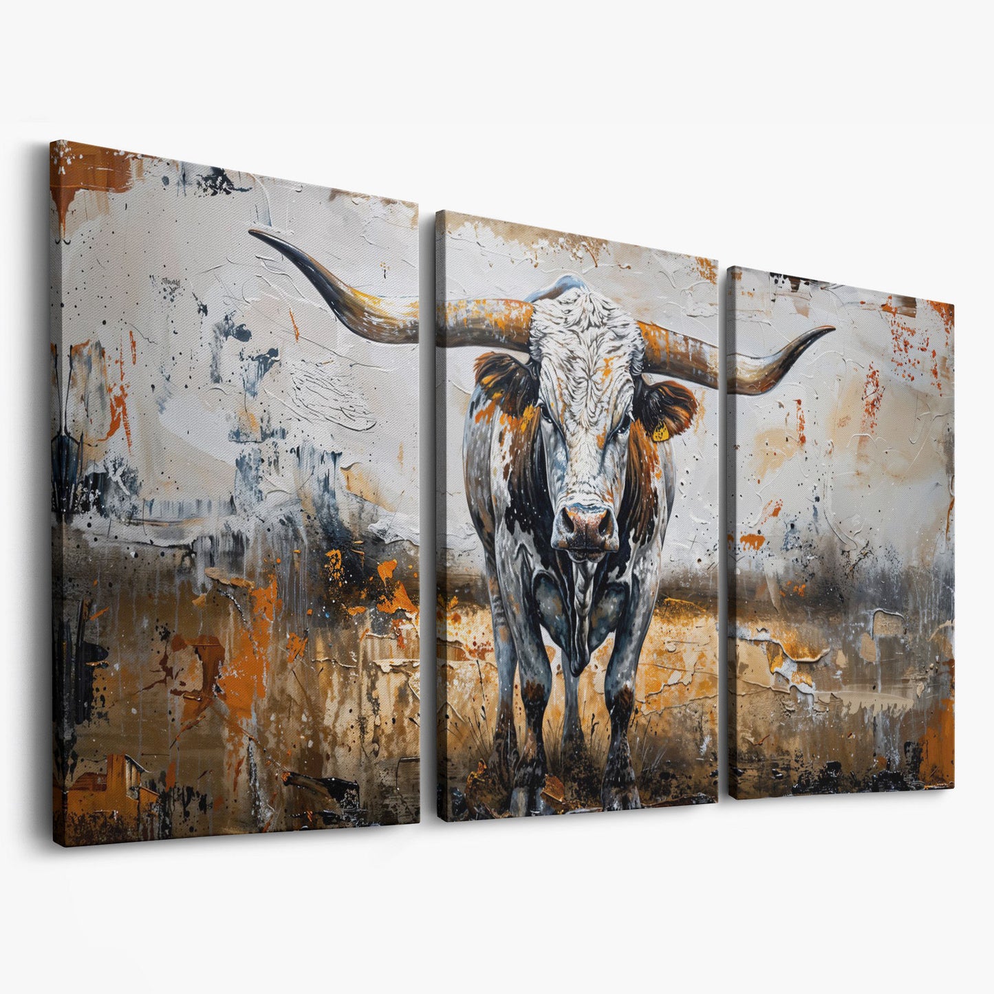 Longhorn Cow Spotted Canvas Print as 3-panel split version
